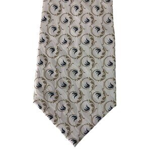 Bill Blass 100% Silk Mens Tie Necktie Cream Tan Blue Scrollwork
